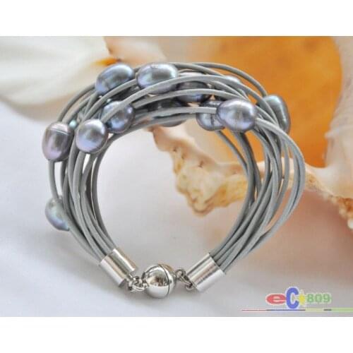 15row 8 " 13 mm noir riz perles bracelet en cuir gris
