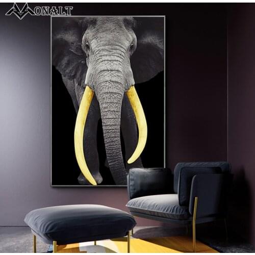 Black and White Photography Elephant Poster Golden Ivory Modern Canvas Painting Realist Animal Wall Art Decor Picture for Home