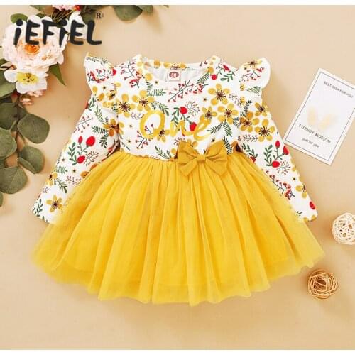 Infant Baby Girls Floral Bow-tie Tulle Dress Kid Baby Girl Flower Long Sleeve Princess 1st Birthday Party Dress Pageant Outfits