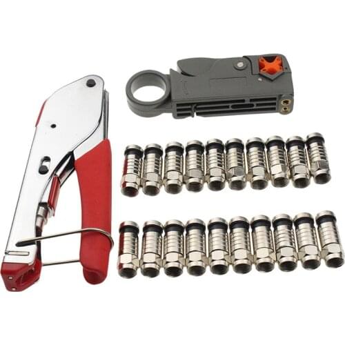 1 set Coaxial Cable Wire Stripper RG6/RG59 F Compression 20pcs Connector Tool Crimping Pliers Wire Stripping Pliers Kit