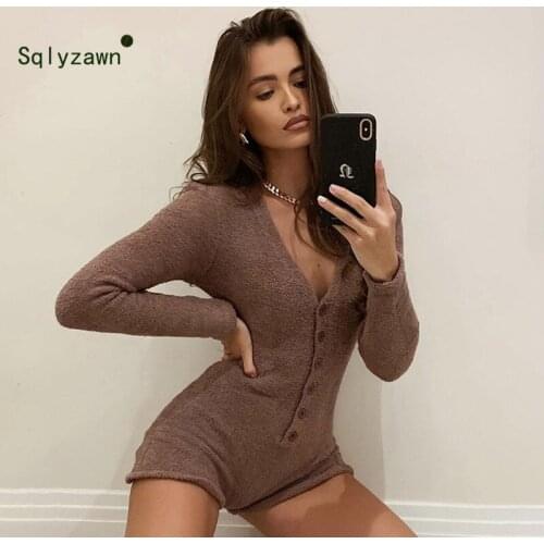 Summer Women Streetwear Bodysuit Ribbed Knitted Bottons Solid Night Club Long Sleeve Skinny Casual One-Pieces Bodysuit