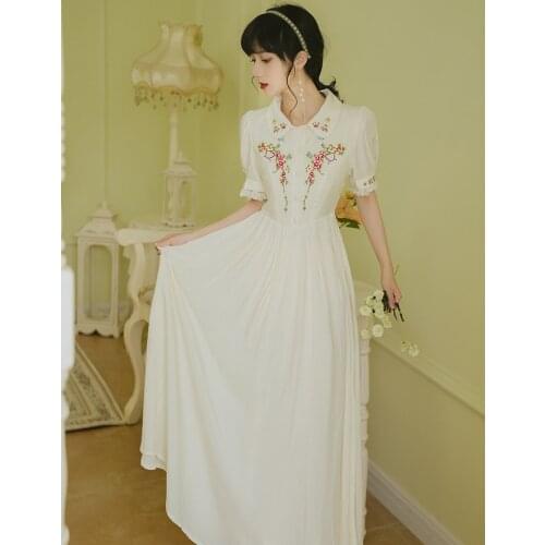 Peter pan Collar Embroidered Sweet Kawaii Dress Mid-length French Retro First Love Dresses Party Vestido de mujer