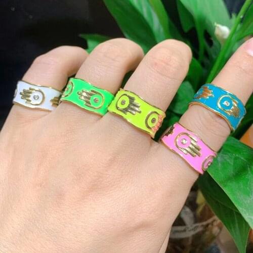 10Pcs 2021 Trendy Gold Plated Colorful Enamel Rainbow Hamsa Hand Wide Band Open Rings Hip Hops Personality Jewelry