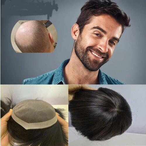 Men Toupee Hairpieces Black Brazilian 100% Human Hair High Quality Lace With Pu Replacement System Hair For Men Natural Hairline