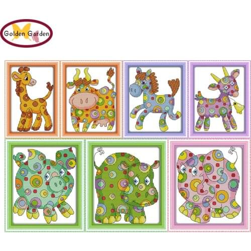 GG Colorful Animal Counted Cross Stitch Embroidery Sets 11CT 14CT DIY Kits Needlework Cartoon Cross Stitching Pattern for Kids