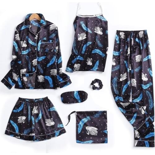 New 7 Pieces Woman Pajamas Sets Satin Silk Print Pyjama Sexy Sling Shorts Long Pants Sleepwear Loungewear Pijama Mujer Plus Size