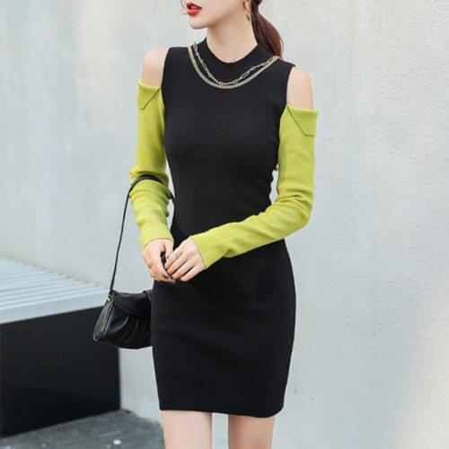 New arrival fashion patchwork elastic dress women elegant office lady sexy knit bouncy off shoulder mini basic cute pencil dress