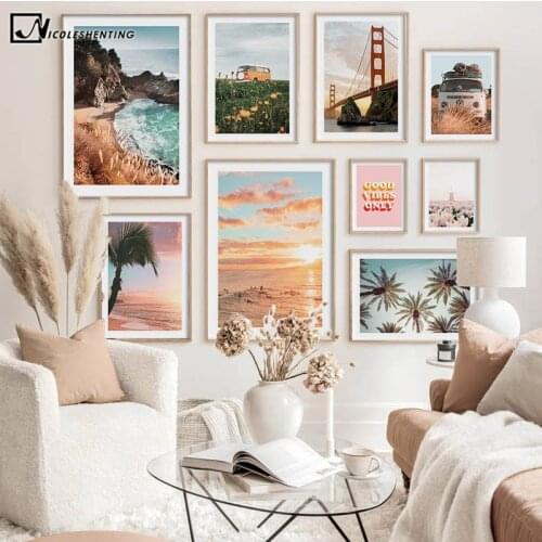 Ocean Sunset Sunlight Seascape Canvas Poster Beach Bus Landmark Landscape Painting Wall Art Print Modern Picture Home Decoration