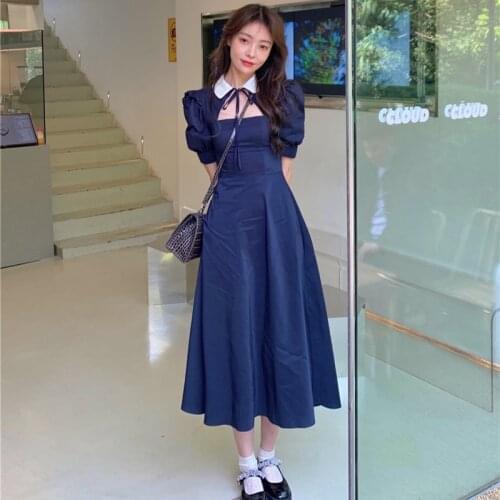Puff Sleeve Dresses for Women Summer Style Hollow Out Turn-down Collar Female clothing Preppy Style A-line Long Dress Fashion