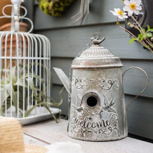 Courtyard Retro Simulation Wrought Iron Kettle Bird House Ornaments Garden Villa Figurines Crafts Outdoor Balcony Decoration Art