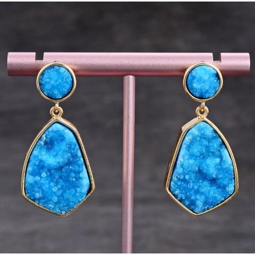 Blue Quartz Druzy Crystal Agate Gold Plated Dangle Stud Earrings