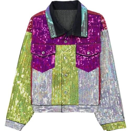 PERHAPS U Women Sequined Denim Jacket Turn Down Collar Button Pocket Long Sleeves Loose Hip Hop Print Patchwork C0501