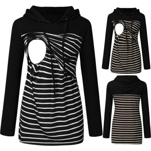 Womens Maternity Breastfeeding Hoodie T-Shirt Winter O-Neck Solid Long Sleeve Striped Nursing Tops Clothes For Pregnant Women