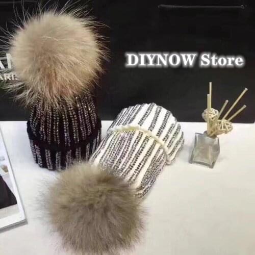 Women winter Beanie Fur ball Diamond Fashion warm knitted hat Shiny reflective beanie Outdoor warmth thick knitted hood 2020
