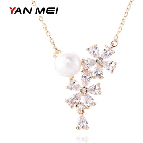 YANMEI CZ Imitation Pearls And Flower Pendant Necklaces For Women Rhinestone Chain Link Necklace Fashion Accessories YMD1313