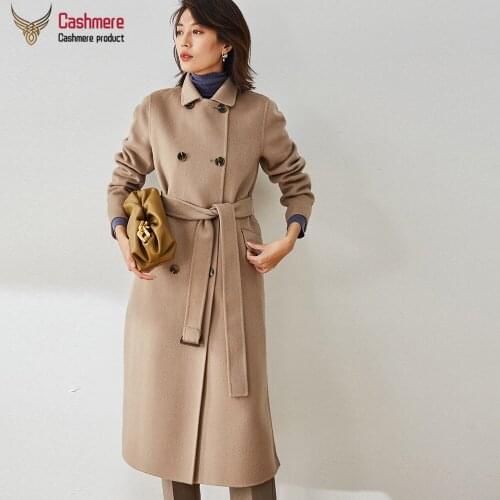 Womens wool coat long winter coat women 2020 New England style double-breasted belted coat autumn straight wool coat blue coat