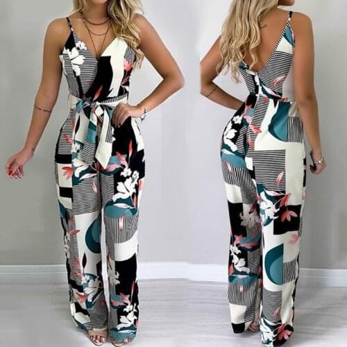 2019 Fashion Women Jumpsuit Romper Overalls Sleeveless V neck Floral Casual Basic Pants Wide Leg Pants Rompers Female