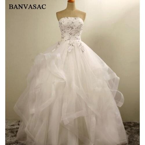 BANVASAC 2017 New Elegant Embroidery Strapless Wedding Dresses Sleeveless Satin Crystal Flowers Bridal Ball Gowns