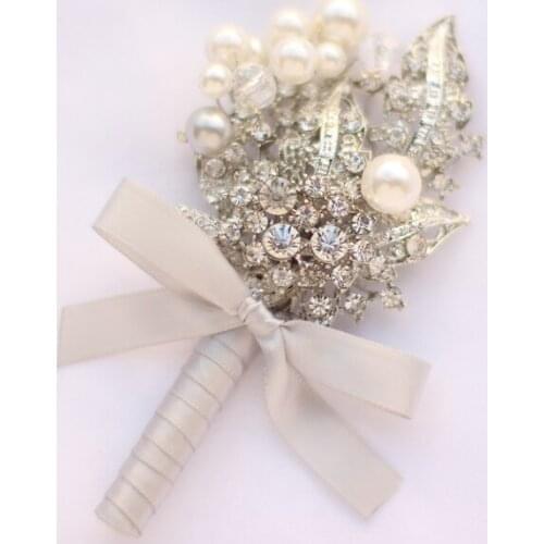 Groom brooch corsages, Men Corsage, gold Ivory silver boutineer contracted style best man parents rhinestone pearl accessories