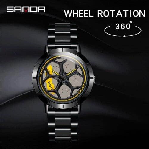 Men Fashion Hot Sell Car Rim Wristwatch Stainless Steel Waterproof Sport Quartz Watch 360 Degree Rotating Wheel Rim Dial Watches