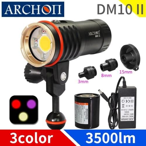 DM10 II 3500lumens 3 color HD video diving photoraphy light Underwater 100m diving video light UV red fill light dive flashlight