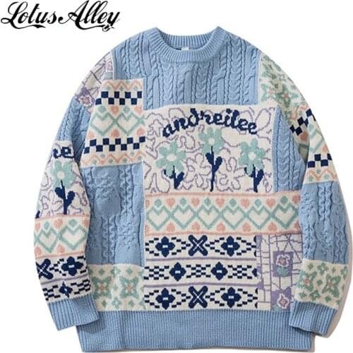 Patchwork Mens Knitted Jumper Sweater Flower Print Crochet Pullover Fashion Oversized Cozy Sweater Casual Winter Warm Sweaters