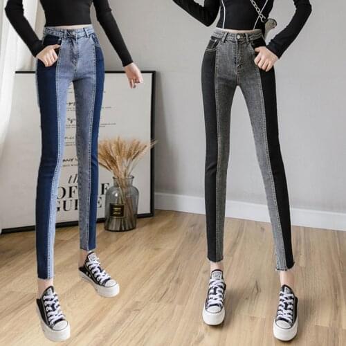 Lente Patchwork Jeans Vrouw Hoge Taille Contrast Kleur Stretch Skinny Potlood Broek Mujer Plus Size Stitch Enkellange Denim