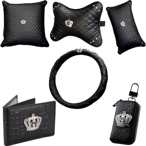 Crystal Leather Crown Car Seat Interior Accessories Steering Wheel Cover Headgear Neck Care Lumbar Pillow Pillow Key Package Bag