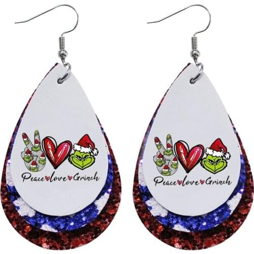Leather Glitter Nickel Freechoice of Peace Love Grinch Earrings