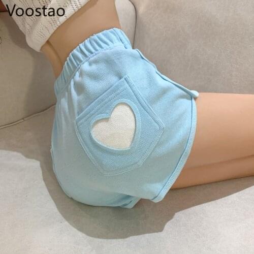 Summer Sweet Harajuku Sports Shorts Women Korean Cute Love Hearts Lolita Casual Shorts Girls High Waist Loose Punk Short Pants