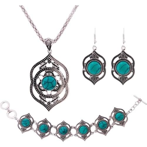 Hot Sale Copper Antique Silver Plated Necklace And Earring and Bracelet Set for Women Extravagant Jewelry Set for Girl