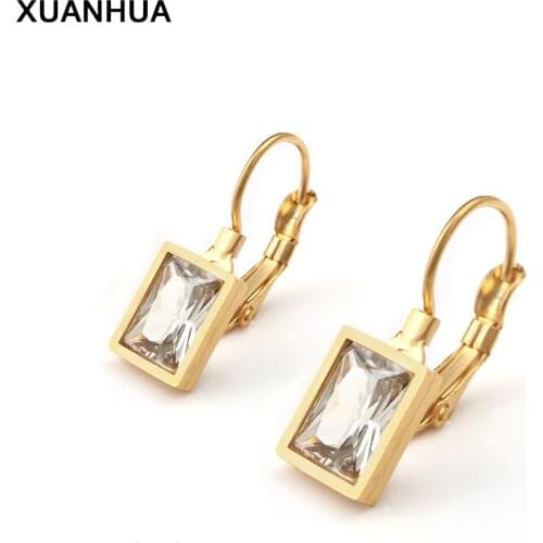 XUANHUA Fashion Trendy Titanium Stainless Steel Cross Earrings Women Earings Fashion Jewelry Square Zircon Earrings