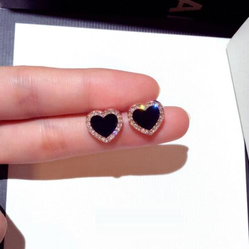 Fashion Gold Anti-Allergy Earrings Women Star Elegant Earrings Full Crystal Black Heart Shape Earring For Female