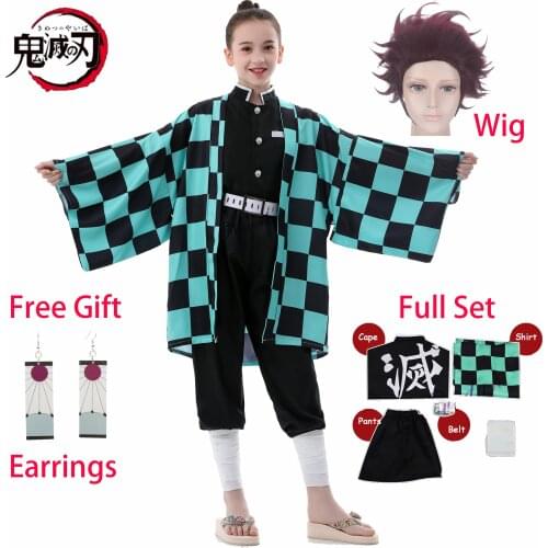 Anime Demon Slayer Cosplay Tanjirou Kamado Earrings Cosplay Costume Adult Kids Kimetsu no Yaiba Kimono Men Halloween Costume Wig