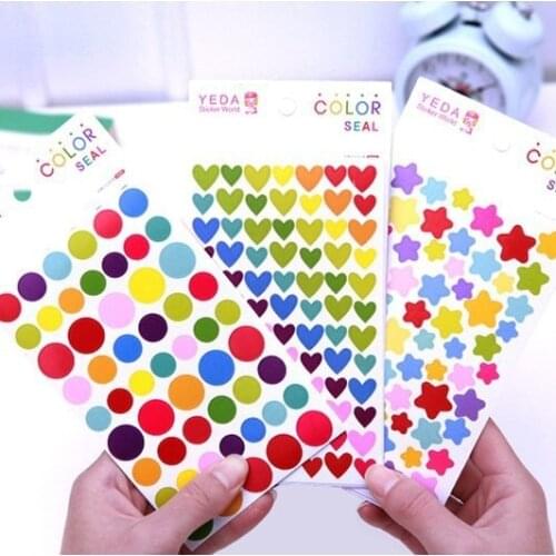 6Sheets Creative Korean Stationery Sticker Rainbow Color Heart Shape Love Circle Dot Pentagram DIY Kindergarten Wall Decoration