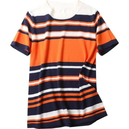 2020 New Fashion Women Summer Silk T-shirts Women O-neck Striped Short Sleeve Knitted Pullovers Soft Comfortable Beach Tee Tops