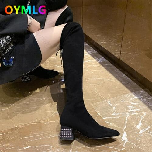 2021 autumn and winter new socks boots women over the knee rhinestone pointed toe thick heel thin stockings stretch long boots