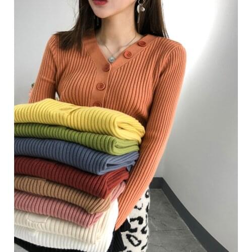 Autumn Winter Women Knitting Full Sleeve Buttons V-neck Sweaters Pullovers Girls Knitted Soft Slim Stretchy Tops Knitwear