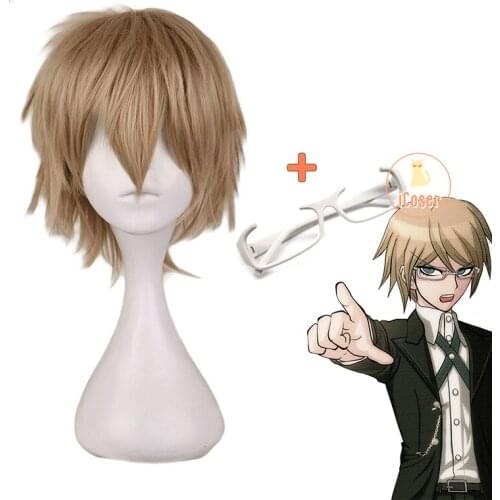 Byakuya Togami Cosplay Dark Blonde Wig Danganronpa Brown Short Wig Dangan Ronpa Byakuya Eye Glasses Synthetic Hair with Wig Cap