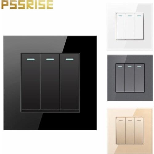 G11 PSSRISE 3 Gang 2 Way Wand Schalter Push-taste Schalter Licht Schalter Luxus Kristall Gehärtetem Glas Panel Fluoreszierende 1