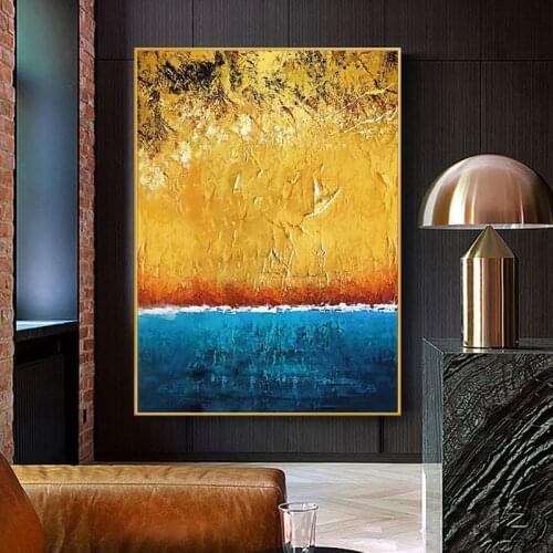 Hand-Painted Abstract Bule And Gold Foil Coast Oil Painting Living Room Hotel Wall Decoration Painting Nordic Hanging Painting