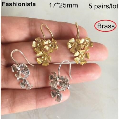 5 Pairs (10 pcs) Brass Flowers Earrings For Lady,Three Flowers Girls Earrings,Raw Brass Silver-color,DIY Jewelry Supplies