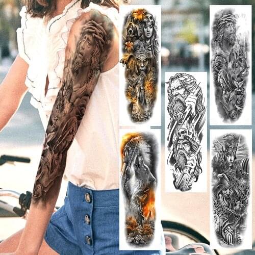 Prayer Jesus Full Arm Tattoo Temporary War Battle Of Gods Body Art Tattoo Sticker Realistic Disposable Fake Greece Warrior Tatoo