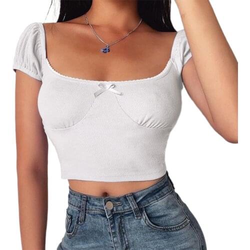 Women Fashion Short Sleeve Square Collar Top Summer Casual Solid Color Slim Tops for Ladies