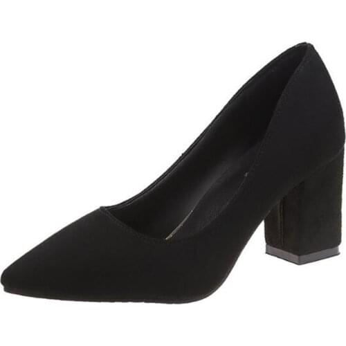 Women Pumps Brand Thick High Heels Black Flock Slip On 7.5CM Pointed Toe Sexy Party Wedding Office & Career Shallow Women Shoes