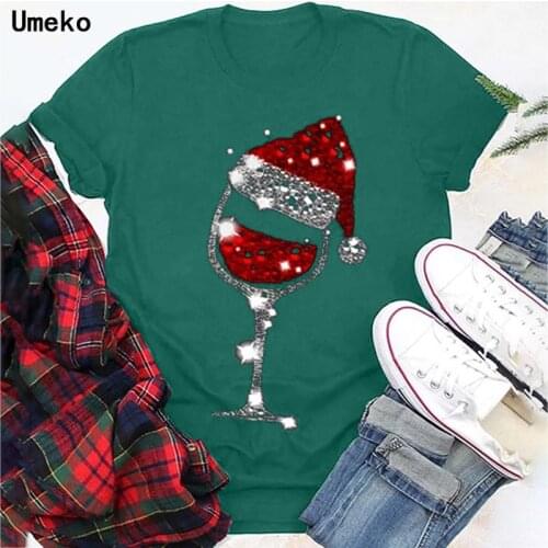 Umeko Summer Fashion Blouse Women T-Shirts Christmas Wine Glass Printed Casual Short Sleeve Tops Harajuku Shirt Women Pullover