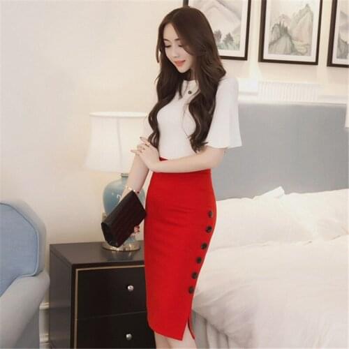 2020 Spring Bodycon Skirts Women Stretchable Split Midi Slim Summer Women Placketing Lady Pencil Skirt Button