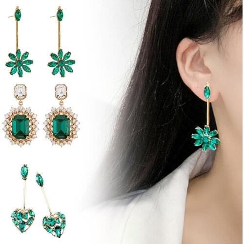 Women Faux Emerald Heart Flower Dangle Drop Long Ear Stud Earrings Jewelry Gift