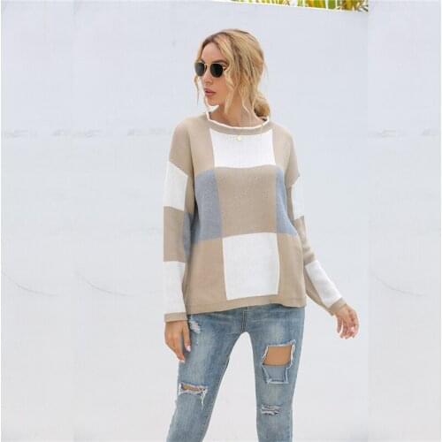 Woman Sweaters Sweter Damski 2020 Womens Matching Plaid Round Neck Long Sleeve Pullover Knitted Warm Sweater