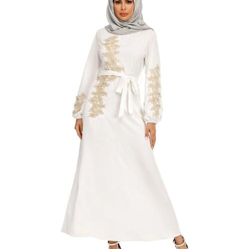 Muslim New Ethnic Style Womens Robe Elegant And Dignified Embroidery Long Swing Dress Nail Pearl Arab Islam White